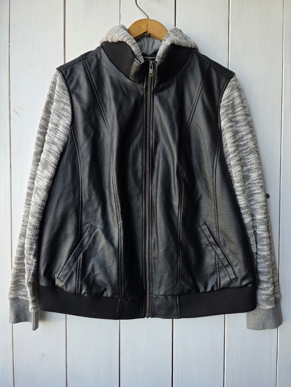Torrid Mixed Media Hooded Faux Leather Black Bomber Jacket Size 1